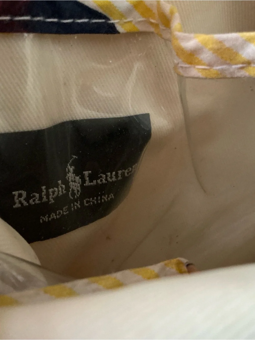 Vintage Ralph Lauren Polo Bear cosmetic travel bag yellow white pinstriped